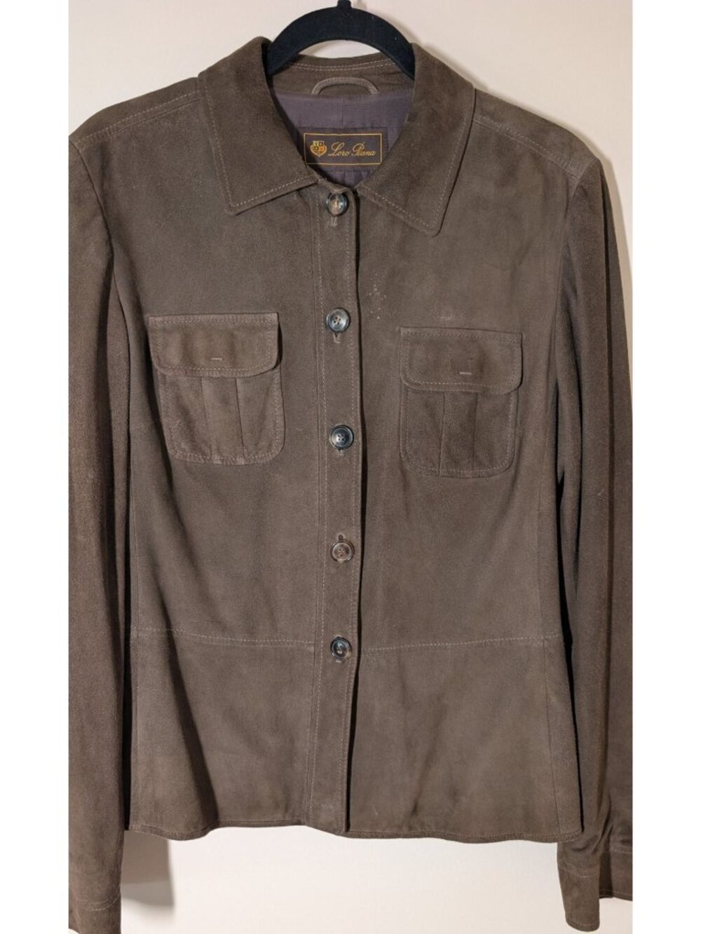 Loro Piana Luxury Suede Goatskin Utility Shirt Jacket Brown, Women Size 46